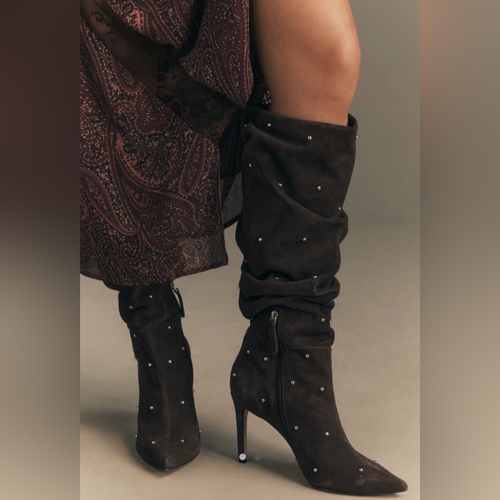 Anthropologie studded scrunch tall stiletto brown boots